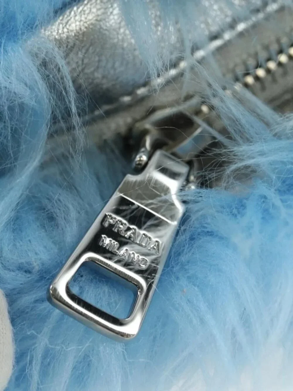 PRADA Clutch Bag Fur Silver Light Blue Auth